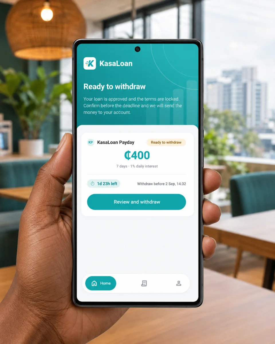 A customer holding the KasaLoan approved offer screen in an everyday setting